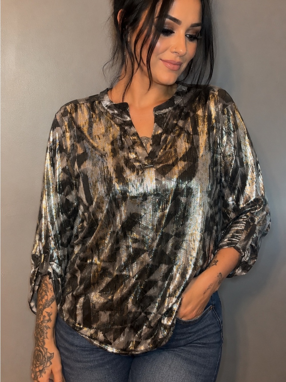 Maurices Metallic Black and Gold Animal-Print V-Neck Tunic
